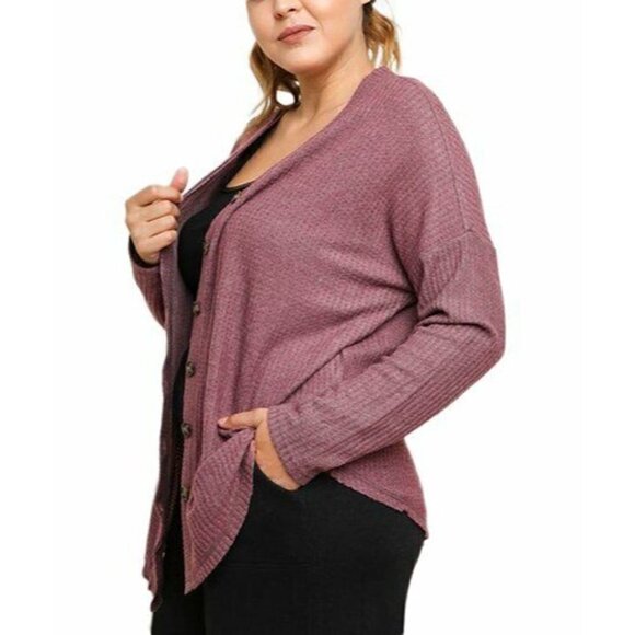Umgee Womens Sz 1XL Fleece Waffle Knit Button Front Cardigan Sweater Berry Pink - Picture 5 of 8